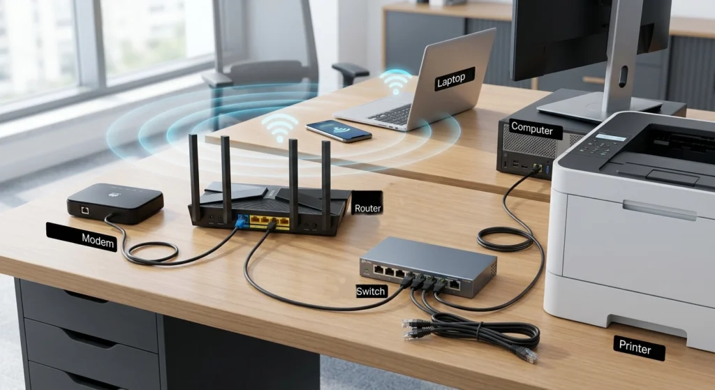 network switch ports with ethernet cables
